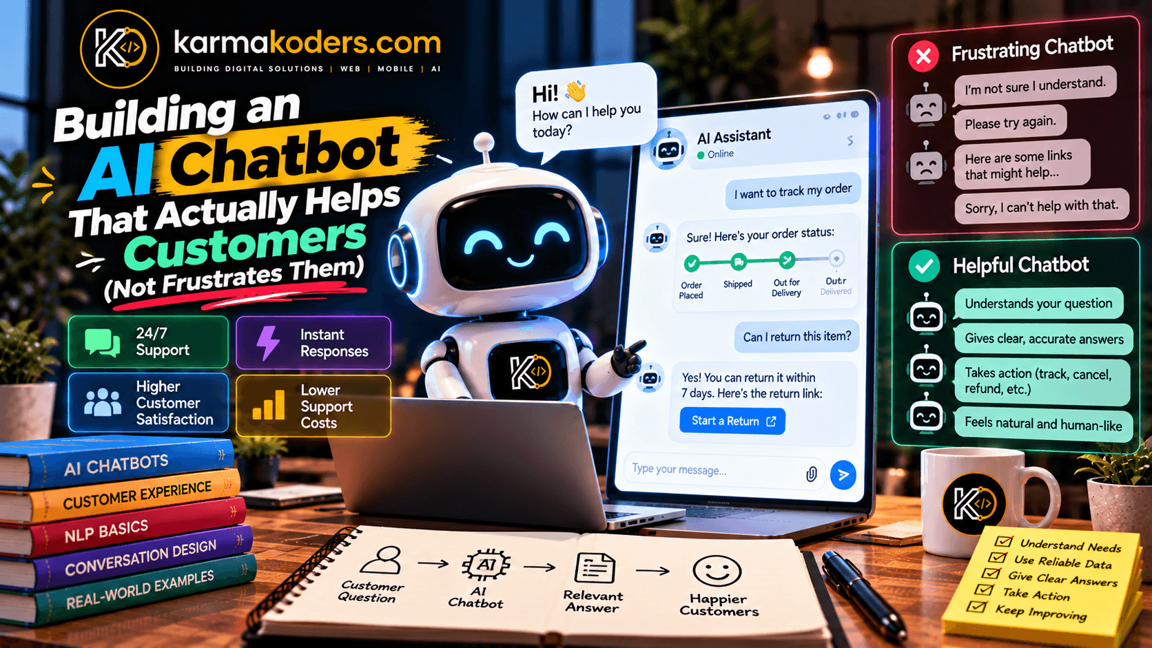 Diagram of a support chatbot architecture with retrieval, tool calls behind a policy layer, an abstain path and context-carrying human handoff