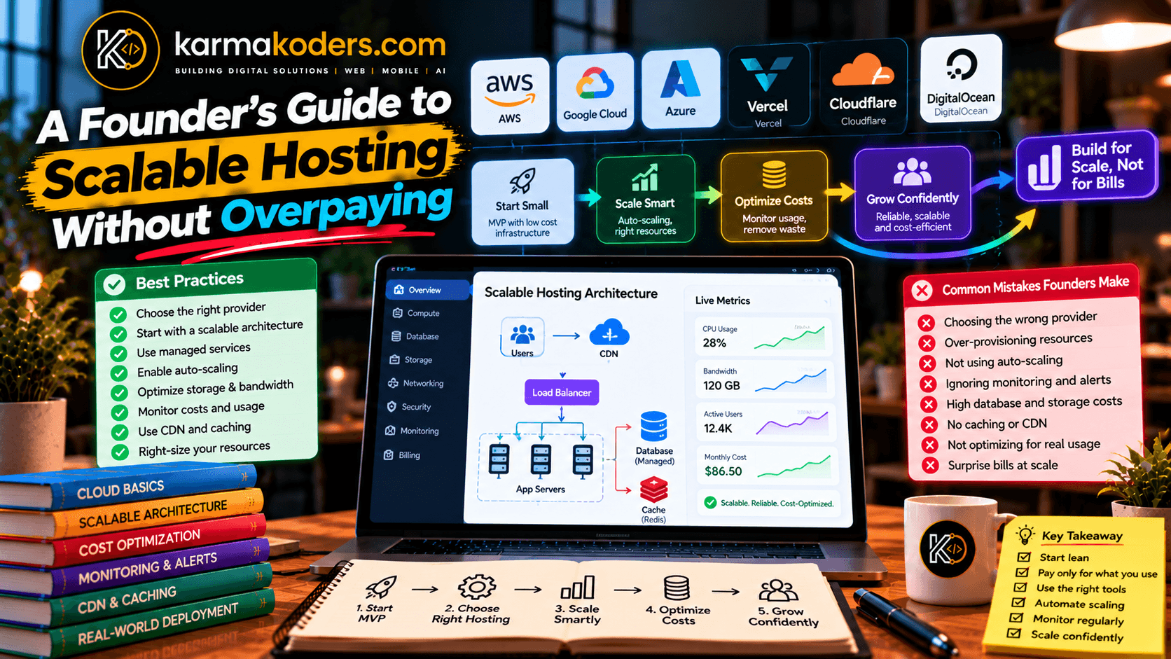 Diagram of a cost-aware hosting architecture with a CDN, a single app tier, managed database, object storage and budget alarms